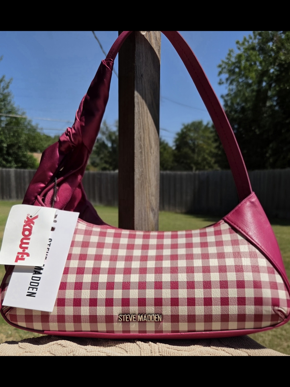 Steve Madden Pink Gingham Shoulder Bag with Hot Pink Trim